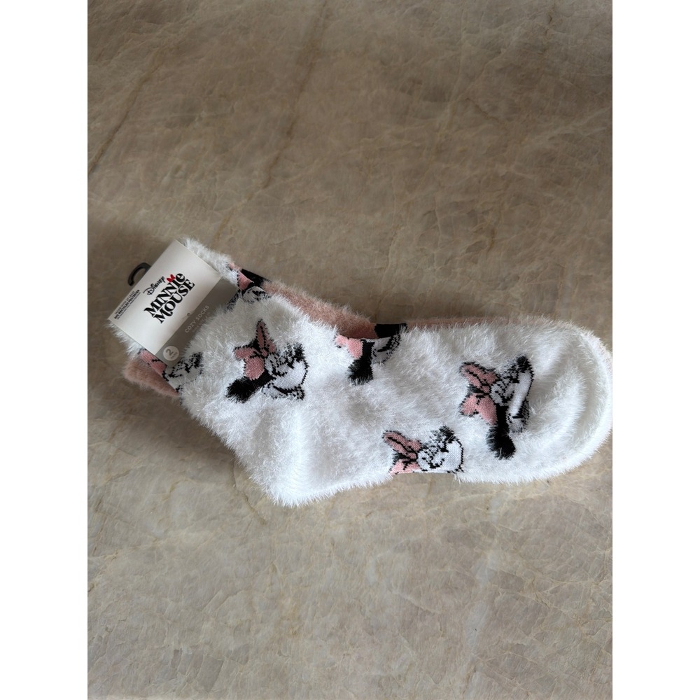 Disney Minnie Mouse Cozy Socks 2 Pack Pink White Fuzzy Plush Shoe Size 4-10 NWT